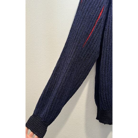 Vintage Brenda French Navy Blue Red Striped Pullover Sweater Artsy Hand Loomed - Picture 11 of 12